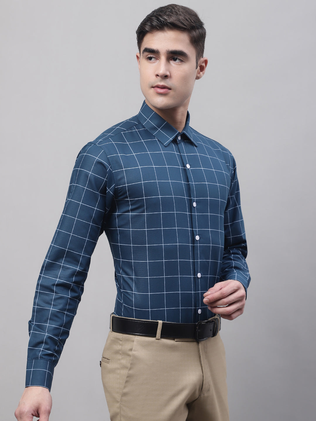 Men's Teal Blue Cotton Checked Formal Shirt - Taantav