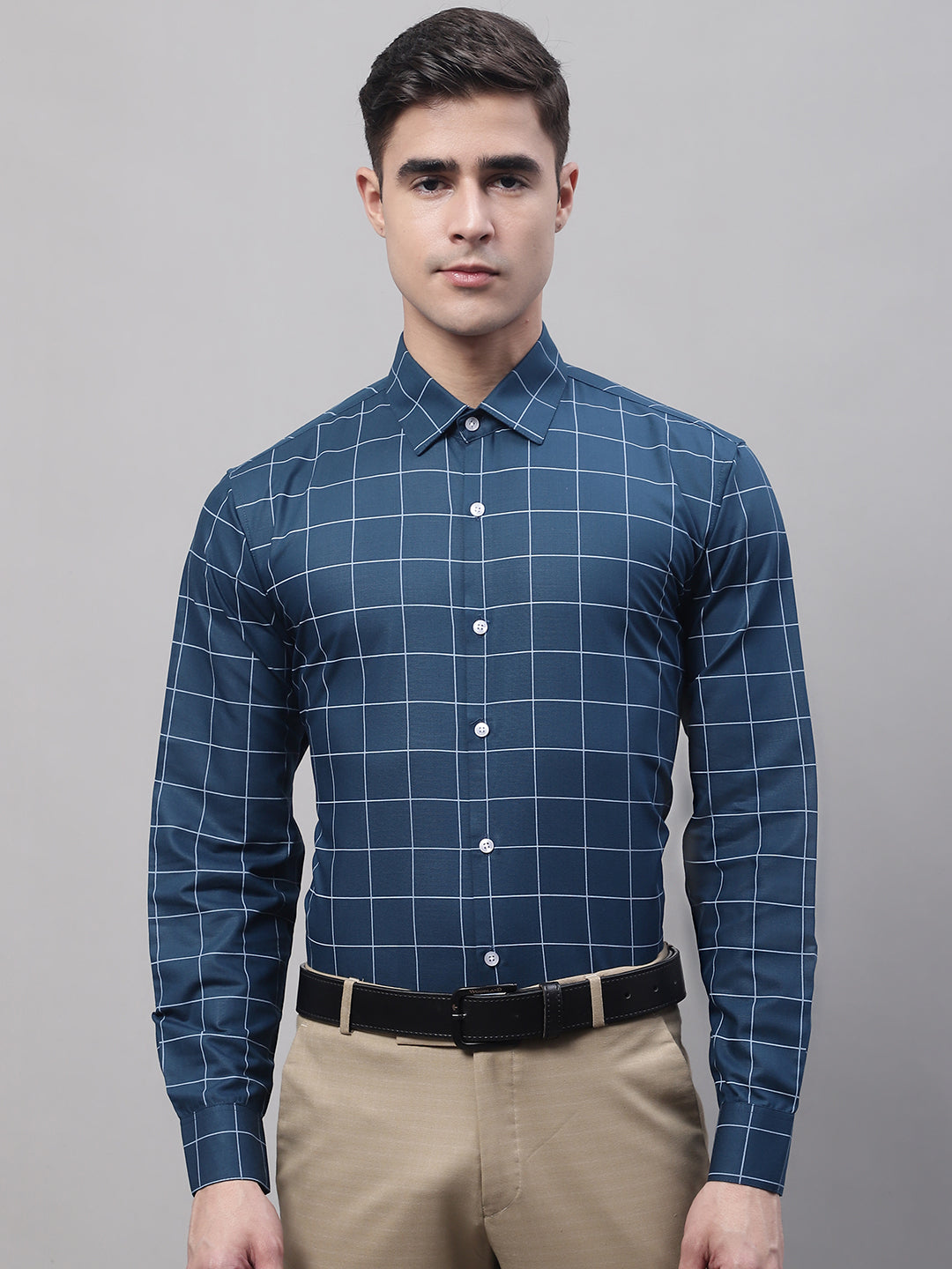 Men's Teal Blue Cotton Checked Formal Shirt - Taantav