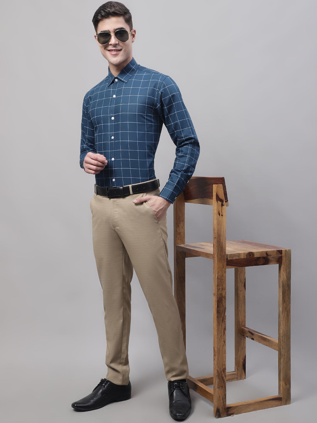 Men's Teal Blue Cotton Checked Formal Shirt - Taantav