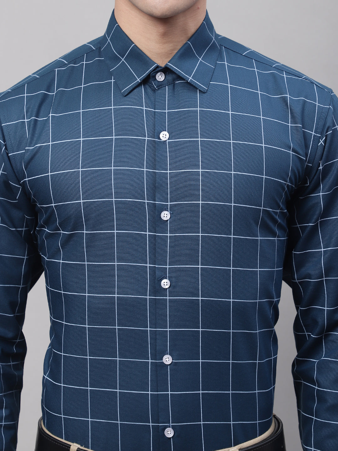 Men's Teal Blue Cotton Checked Formal Shirt - Taantav