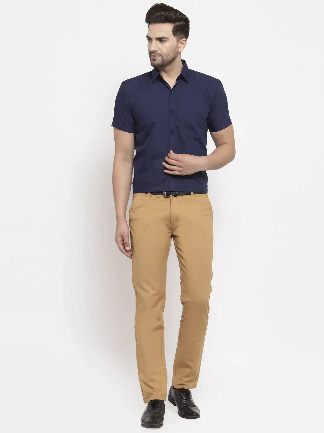 Men's Navy Cotton Half Sleeves Solid Formal Shirts - Taantav