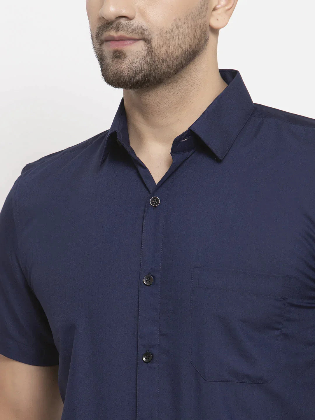 Men's Navy Cotton Half Sleeves Solid Formal Shirts - Taantav