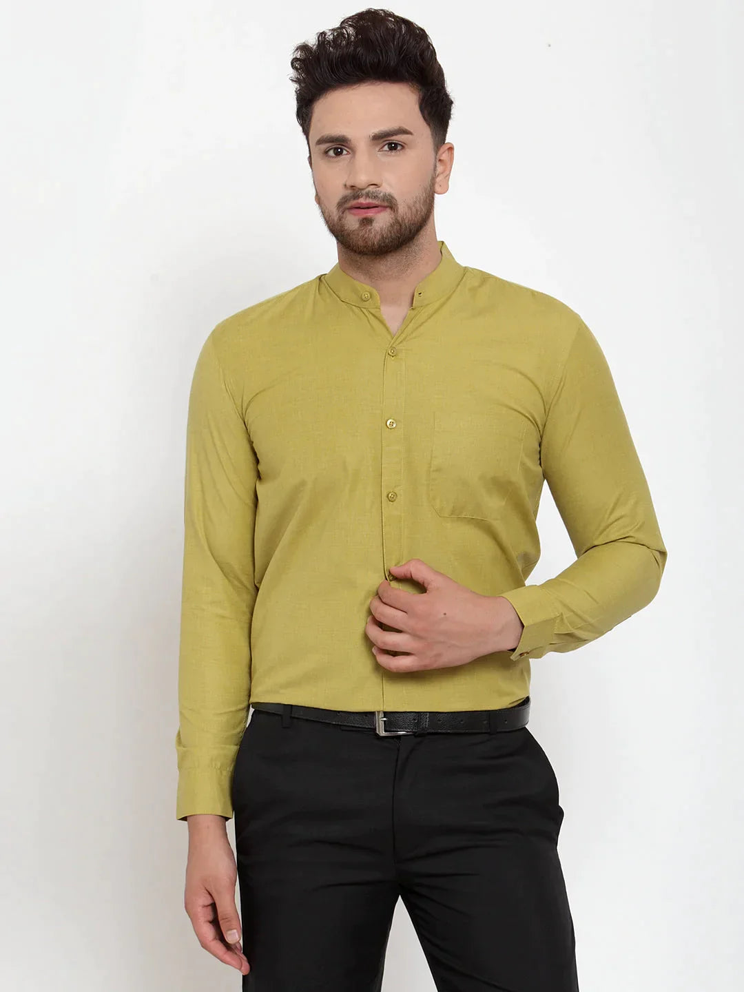 Men's Green Cotton Solid Mandarin Collar Formal Shirts - Taantav