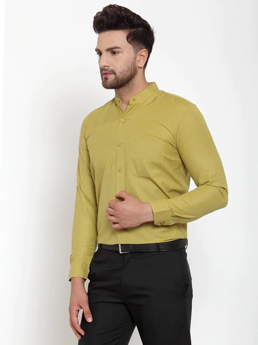 Men's Green Cotton Solid Mandarin Collar Formal Shirts - Taantav