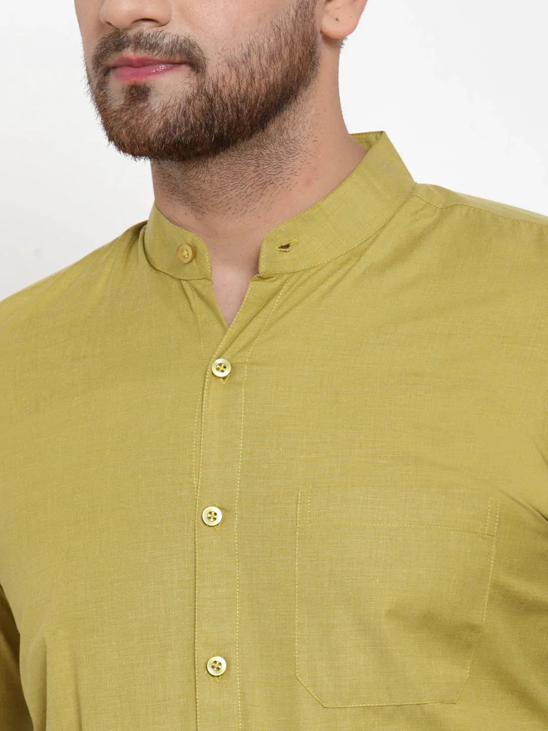 Men's Green Cotton Solid Mandarin Collar Formal Shirts - Taantav