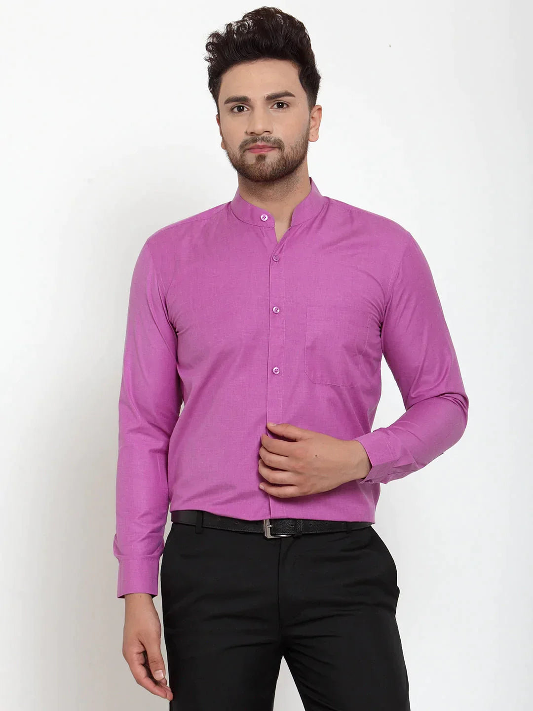 Men's Pink Cotton Solid Mandarin Collar Formal Shirts - Taantav