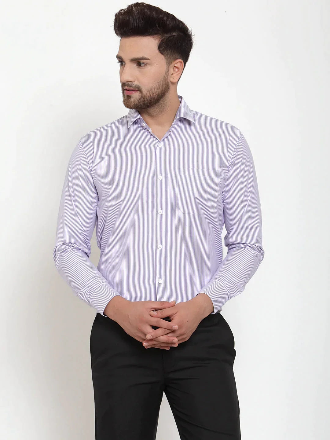 Men's Purple Cotton Striped Formal Shirt's - Taantav