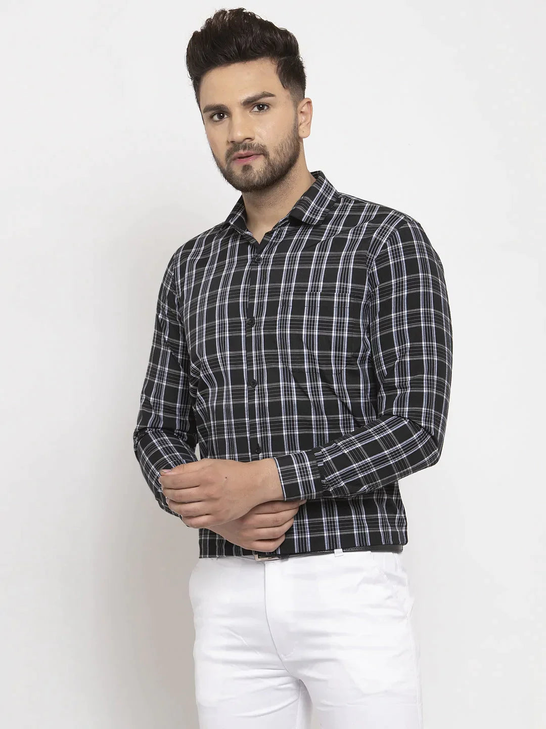 Men's Black Cotton Checked Formal Shirt's - Taantav