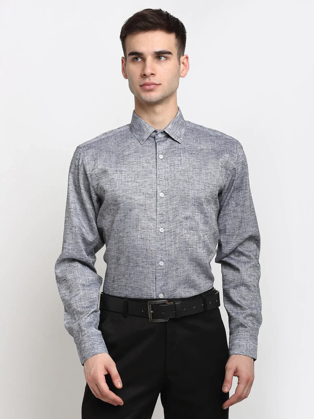 Men's Grey Solid Cotton Formal Shirt - Taantav