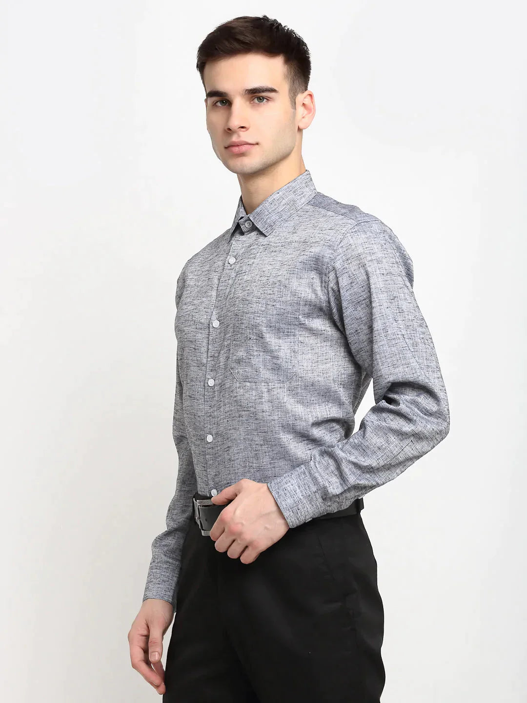 Men's Grey Solid Cotton Formal Shirt - Taantav