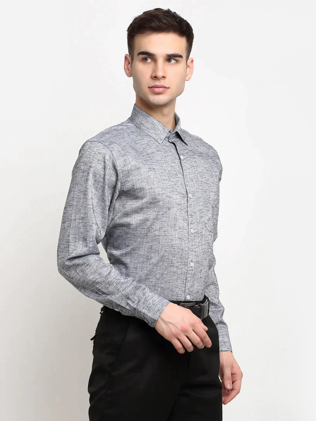 Men's Grey Solid Cotton Formal Shirt - Taantav