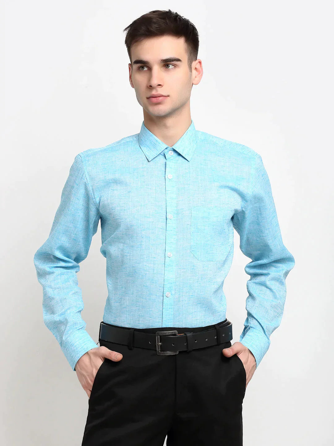 Men's Blue Solid Cotton Formal Shirt - Taantav