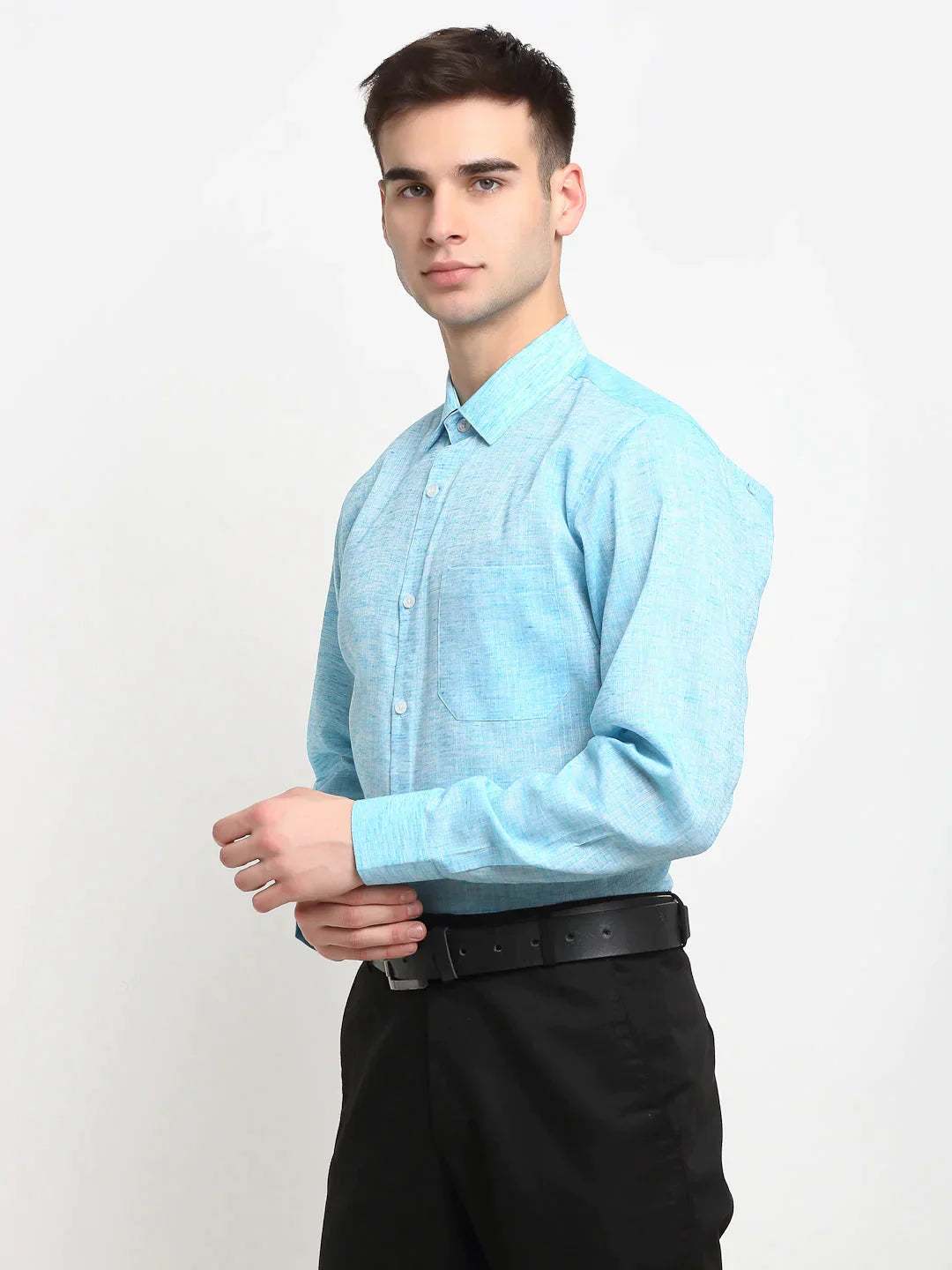 Men's Blue Solid Cotton Formal Shirt - Taantav