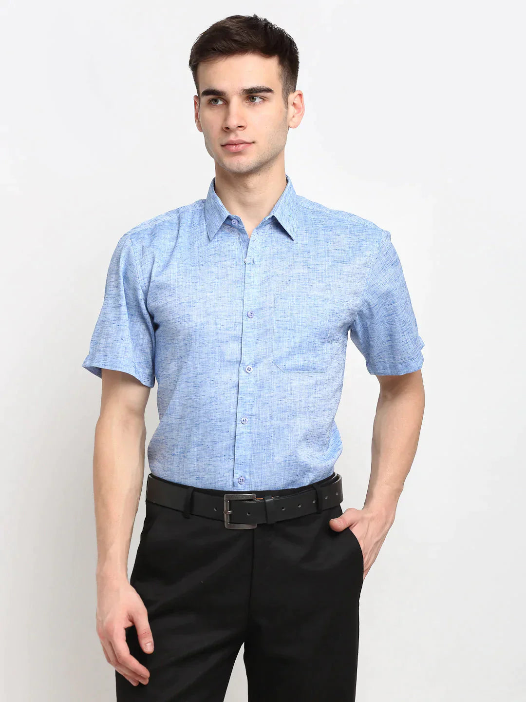 Men's Blue Solid Cotton Half Sleeves Formal Shirt - Taantav