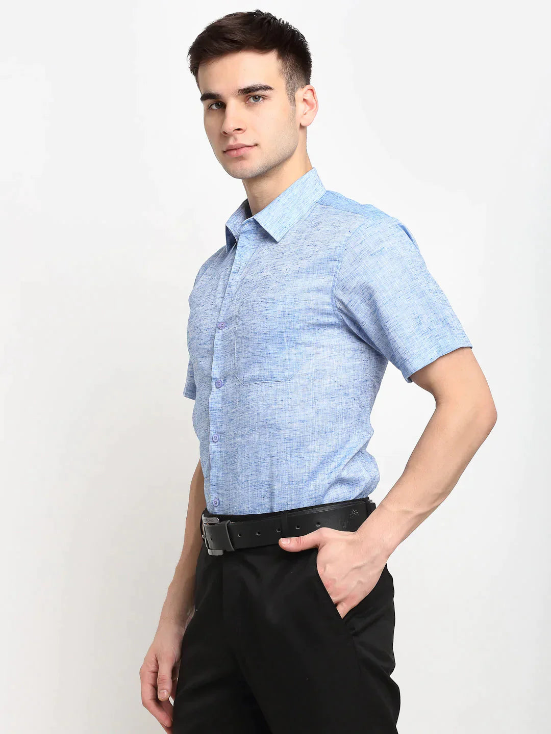 Men's Blue Solid Cotton Half Sleeves Formal Shirt - Taantav