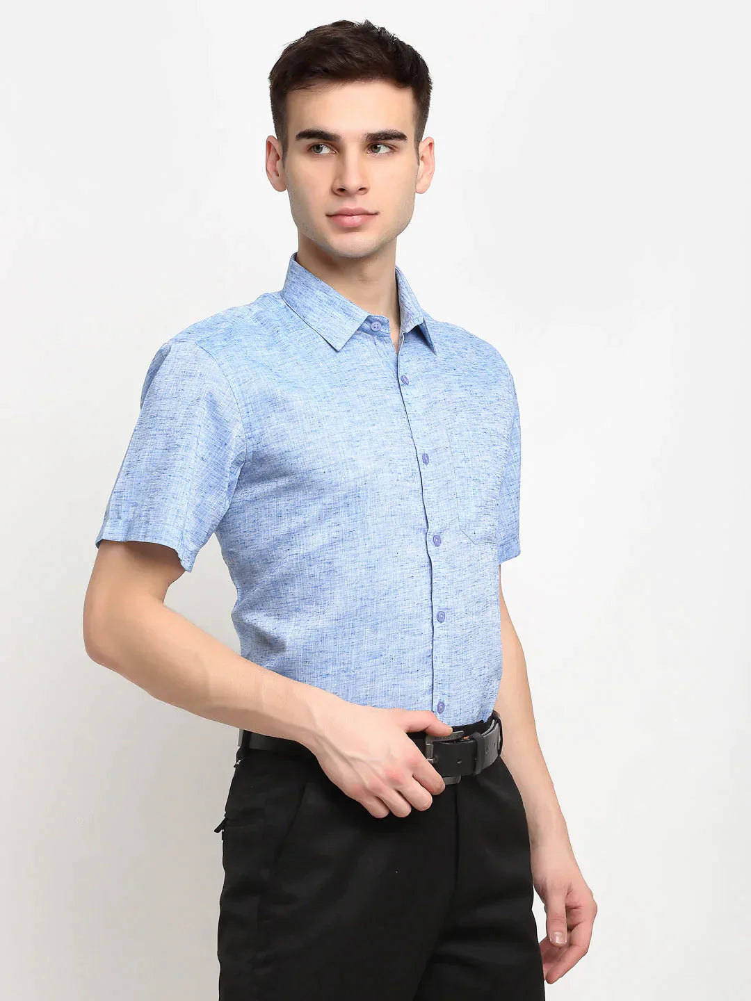 Men's Blue Solid Cotton Half Sleeves Formal Shirt - Taantav