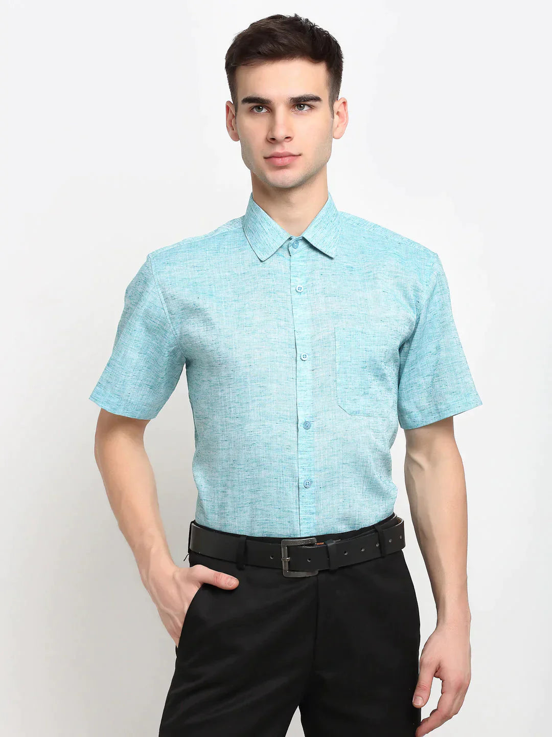 Men's Green Solid Cotton Half Sleeves Formal Shirt - Taantav