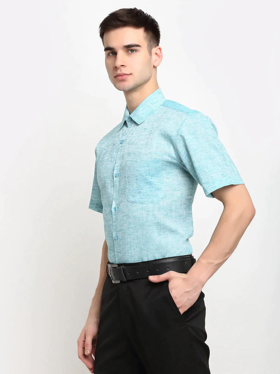 Men's Green Solid Cotton Half Sleeves Formal Shirt - Taantav