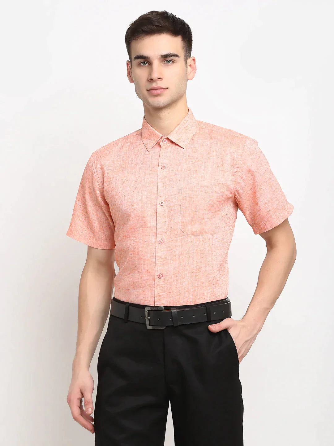 Men's Orange Solid Cotton Half Sleeves Formal Shirt - Taantav