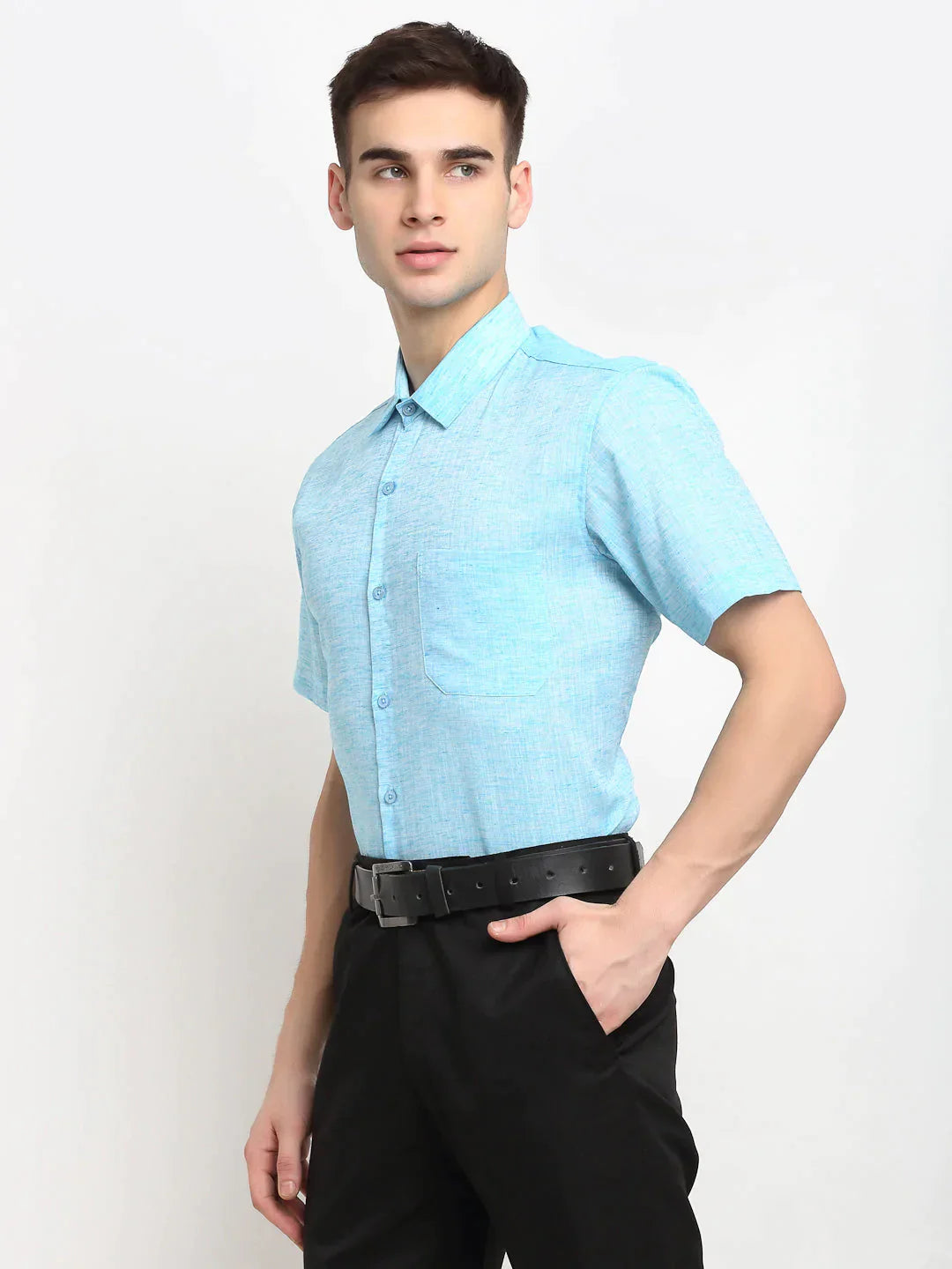 Men's Blue Solid Cotton Half Sleeves Formal Shirt - Taantav