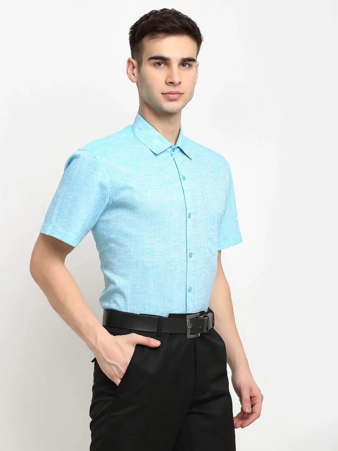 Men's Blue Solid Cotton Half Sleeves Formal Shirt - Taantav