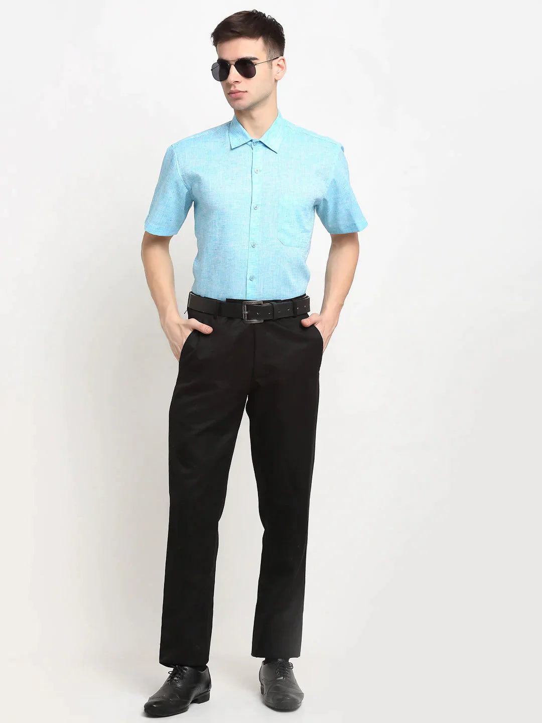 Men's Blue Solid Cotton Half Sleeves Formal Shirt - Taantav