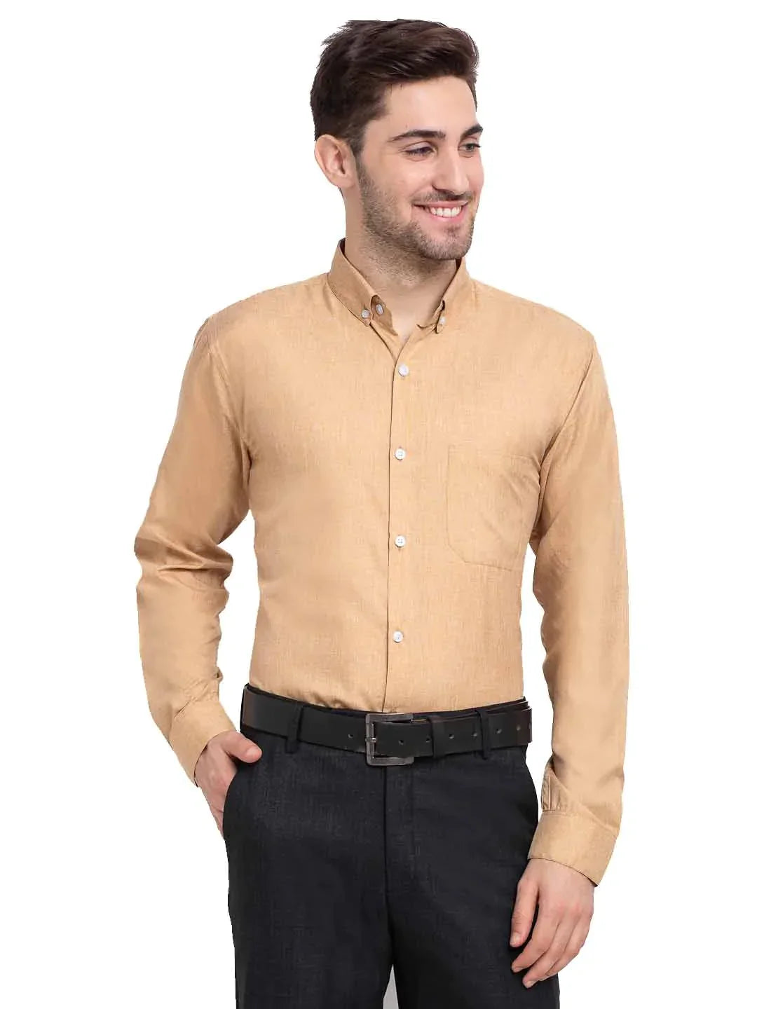 Men's Beige Button Down Collar Cotton Formal Shirt - Taantav