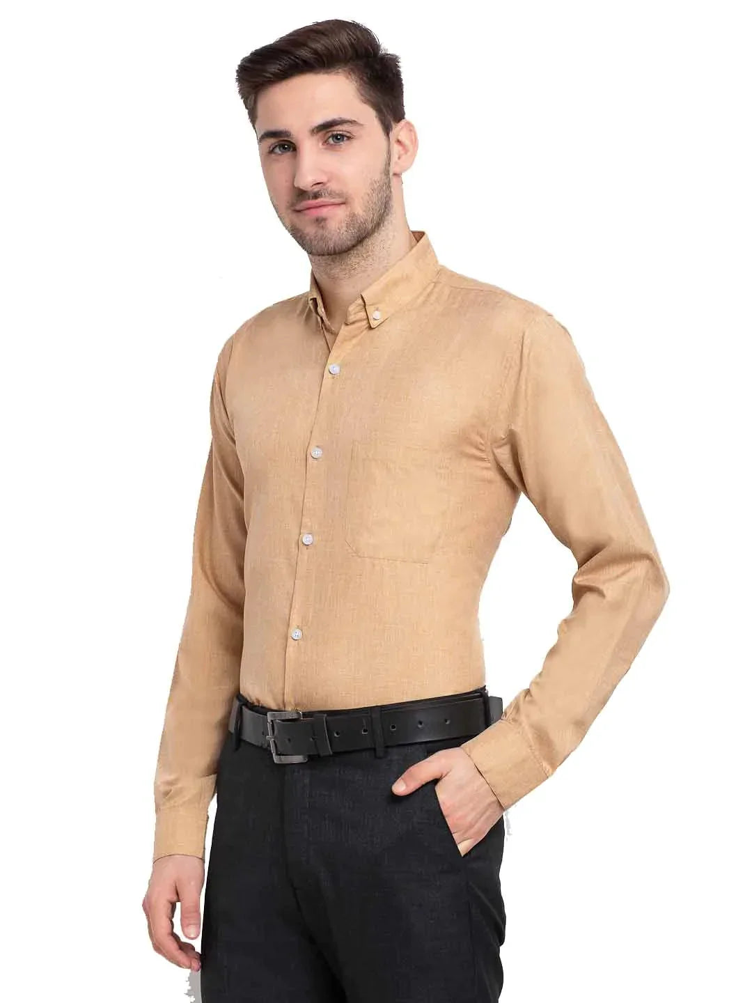 Men's Beige Button Down Collar Cotton Formal Shirt - Taantav