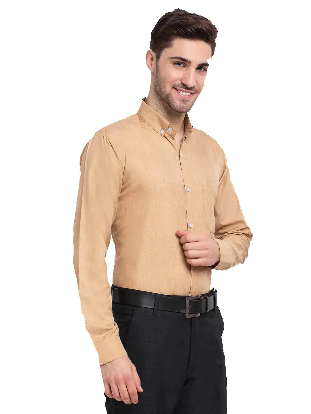 Men's Beige Button Down Collar Cotton Formal Shirt - Taantav