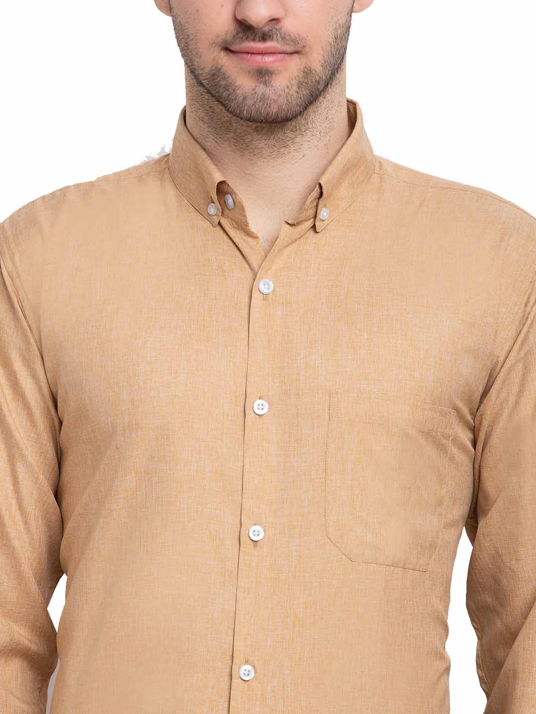 Men's Beige Button Down Collar Cotton Formal Shirt - Taantav