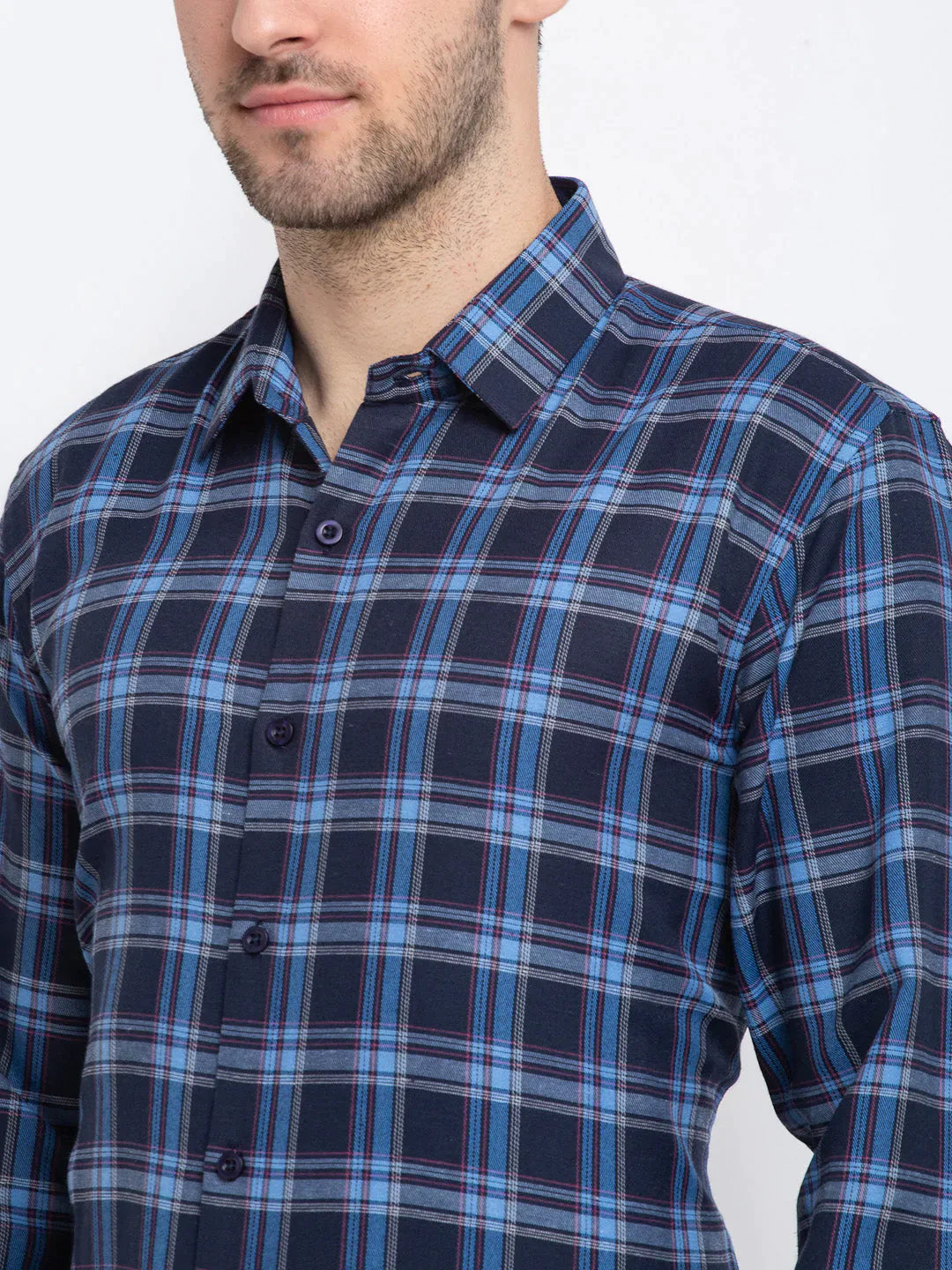 Men's Blue Checked Cotton Formal Shirt - Taantav