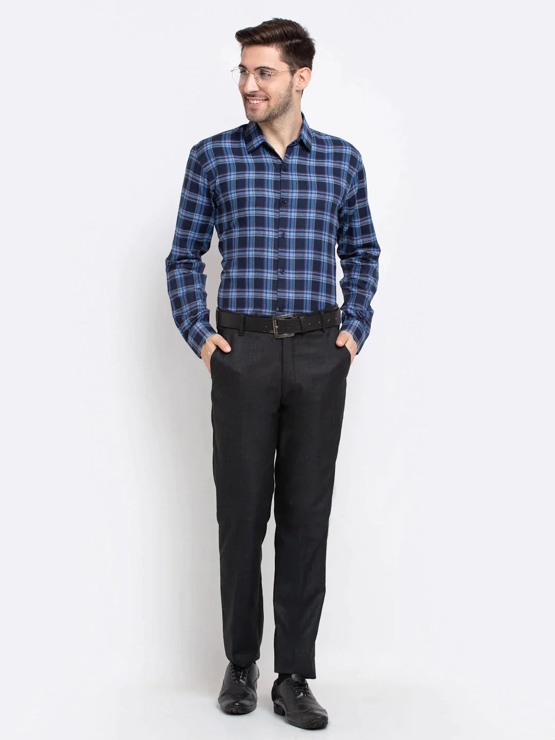 Men's Blue Checked Cotton Formal Shirt - Taantav