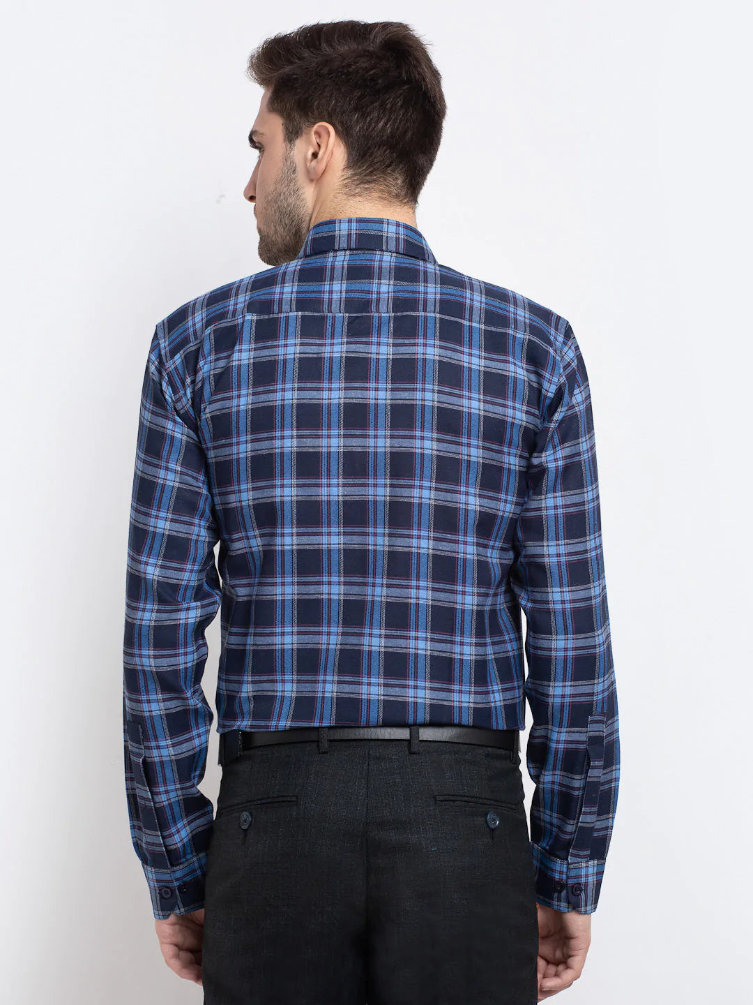 Men's Blue Checked Cotton Formal Shirt - Taantav