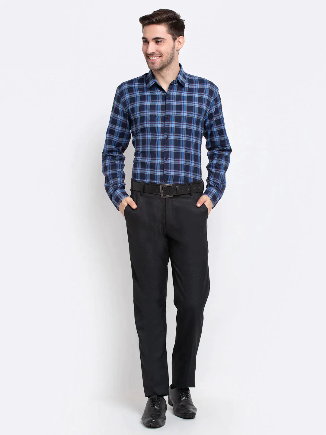 Men's Blue Checked Cotton Formal Shirt - Taantav