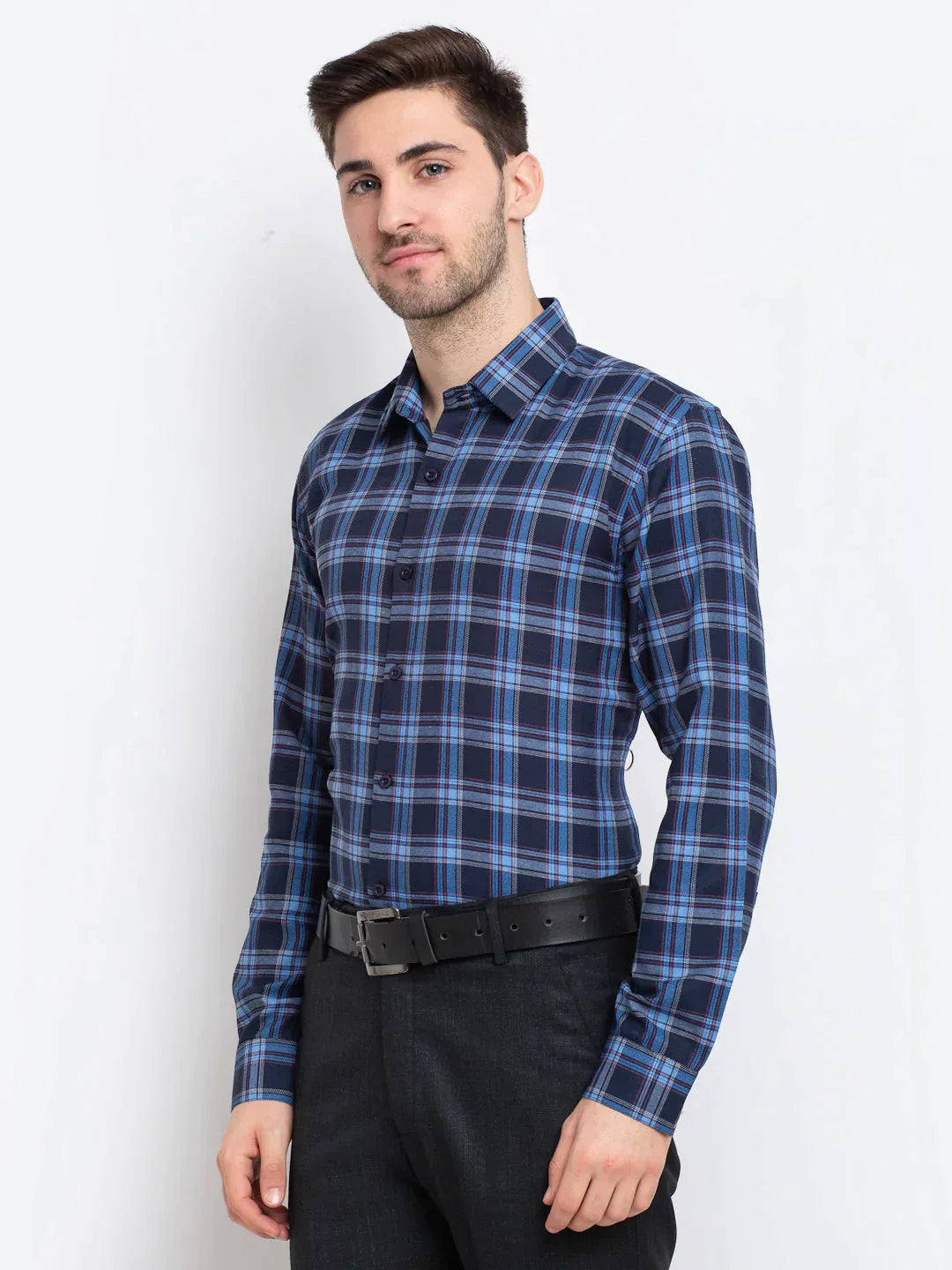 Men's Blue Checked Cotton Formal Shirt - Taantav