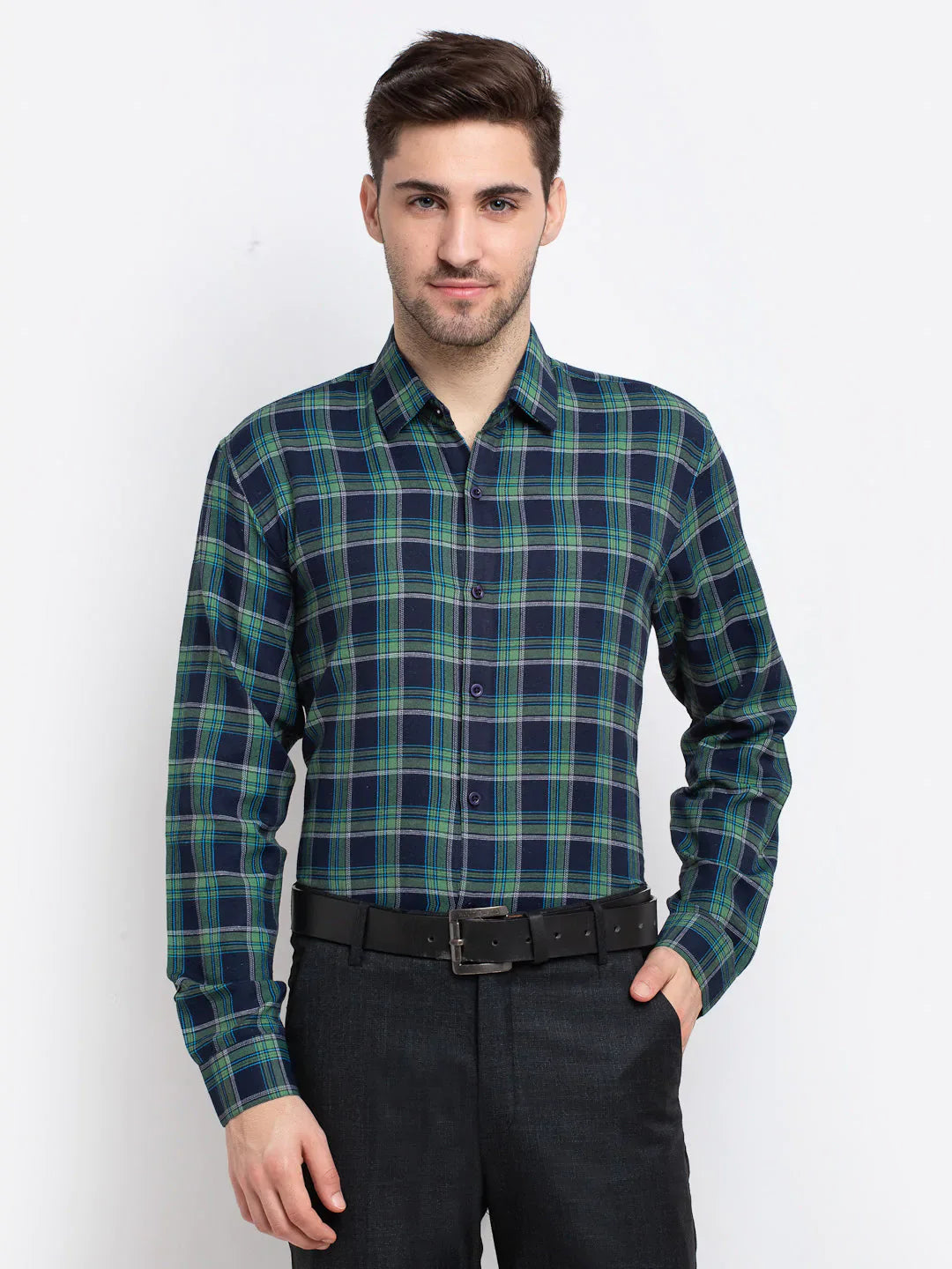 Men's Green Checked Cotton Formal Shirt - Taantav