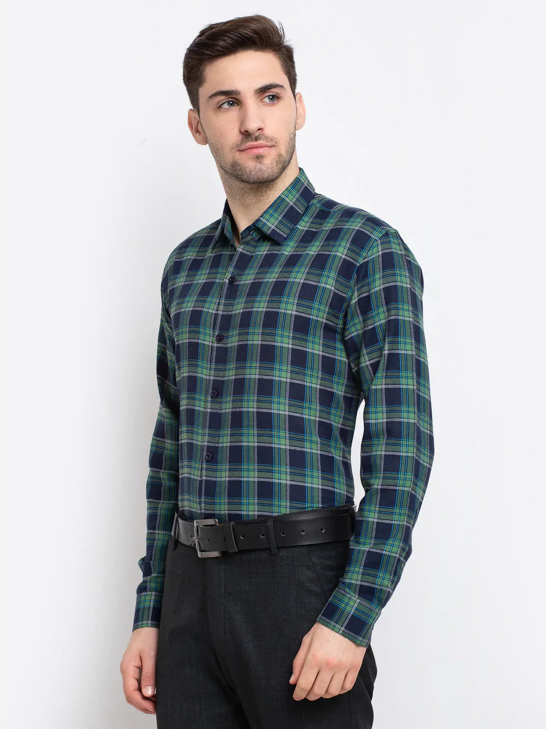 Men's Green Checked Cotton Formal Shirt - Taantav