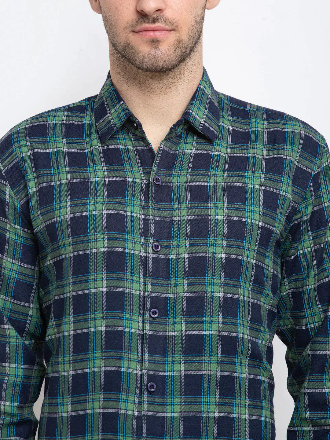 Men's Green Checked Cotton Formal Shirt - Taantav