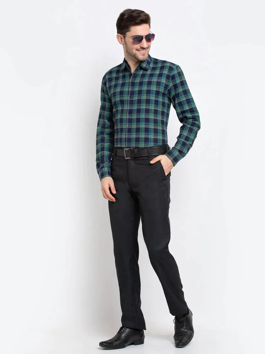 Men's Green Checked Cotton Formal Shirt - Taantav