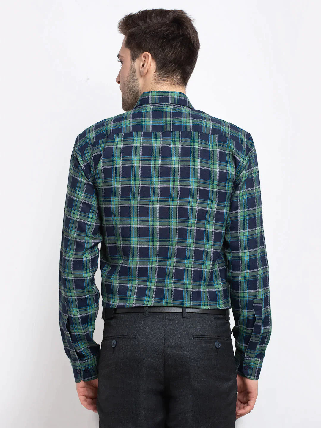 Men's Green Checked Cotton Formal Shirt - Taantav