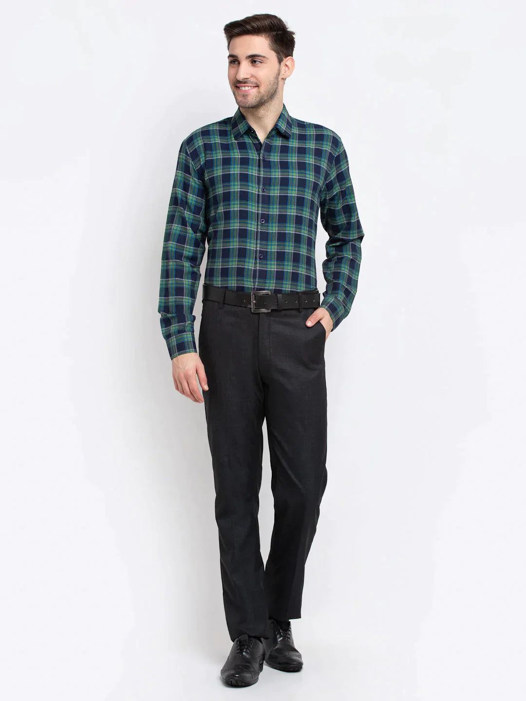 Men's Green Checked Cotton Formal Shirt - Taantav