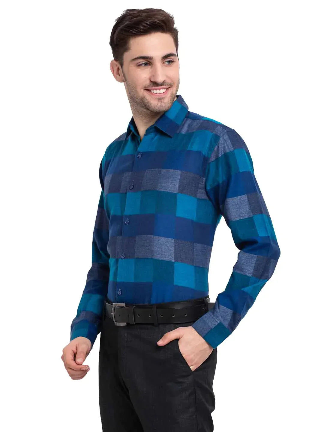 Men's Blue Checked Cotton Formal Shirt - Taantav