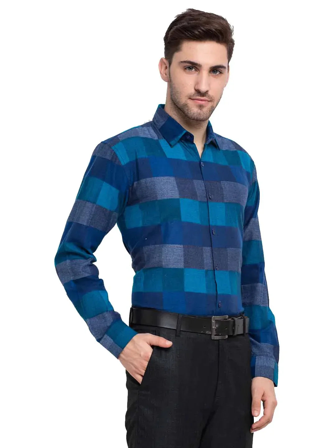 Men's Blue Checked Cotton Formal Shirt - Taantav