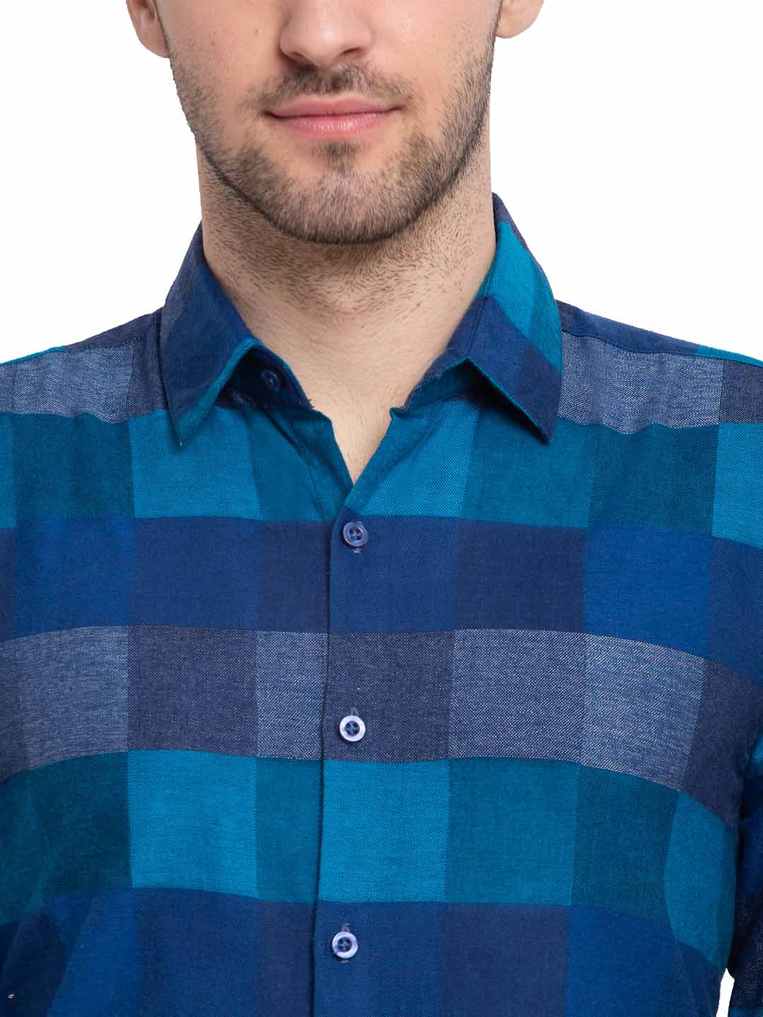 Men's Blue Checked Cotton Formal Shirt - Taantav