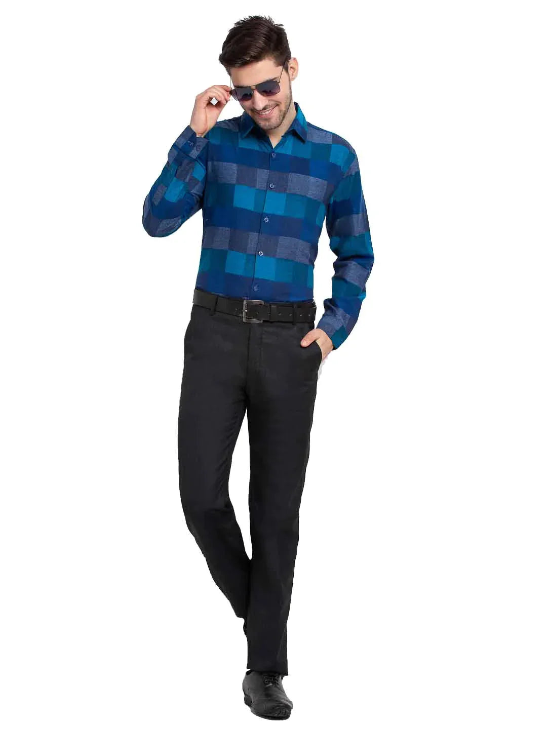 Men's Blue Checked Cotton Formal Shirt - Taantav