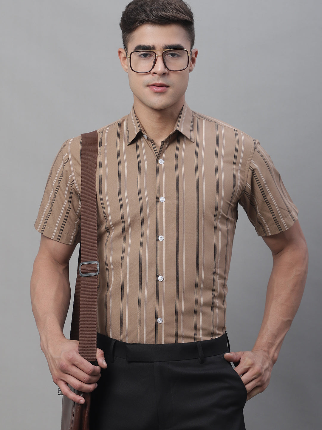 Men's Brown Striped Formal Shirt - Taantav