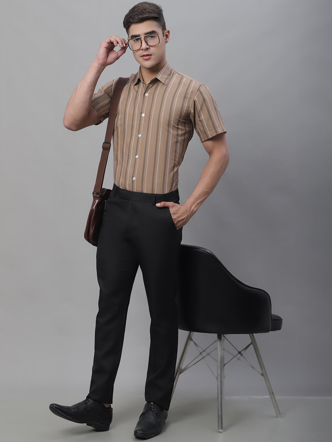 Men's Brown Striped Formal Shirt - Taantav