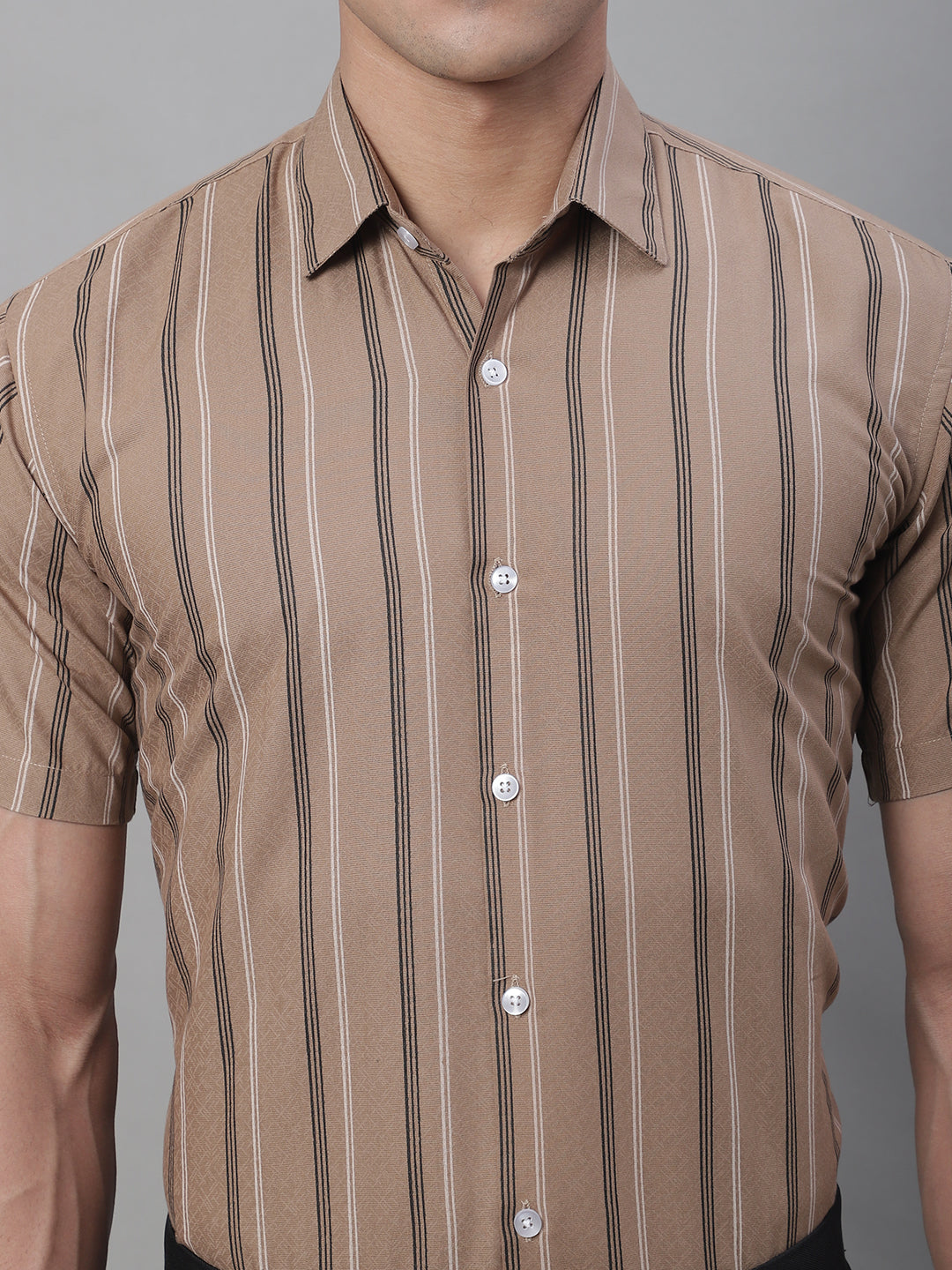 Men's Brown Striped Formal Shirt - Taantav