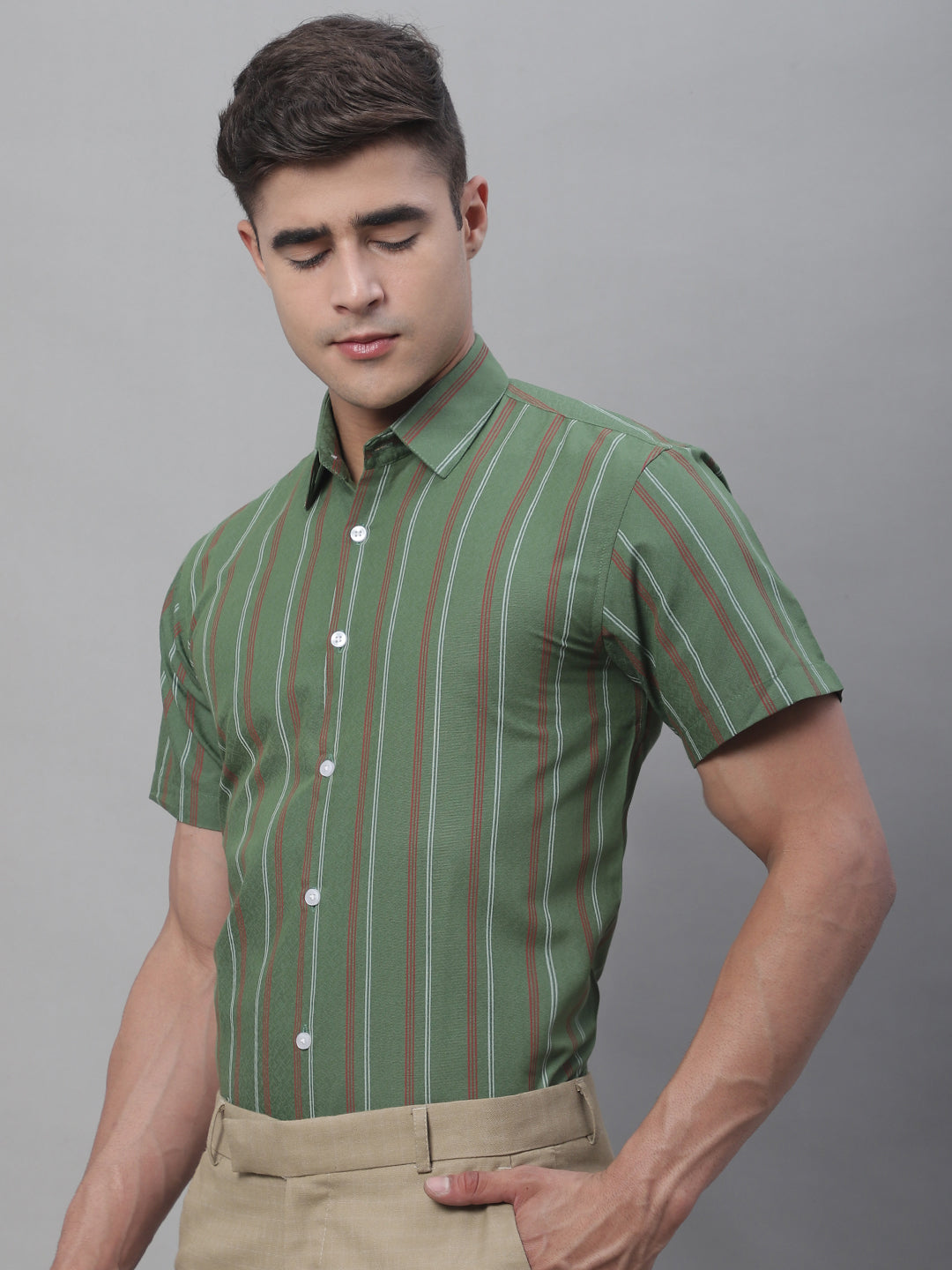 Men's Olive Green Striped Formal Shirt - Taantav