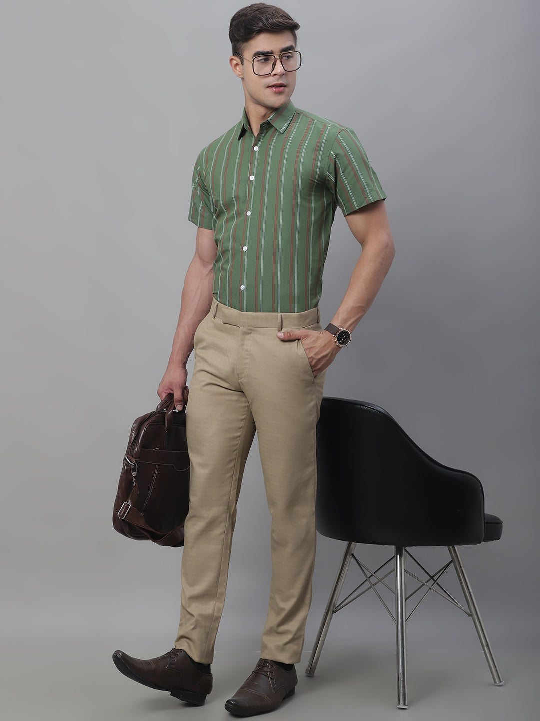 Men's Olive Green Striped Formal Shirt - Taantav